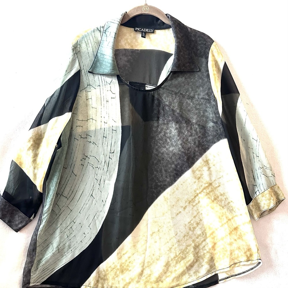 Picadilly Canada Womens XL Lightweight‎ Sheer Color Block Blouse Top Roll Tab